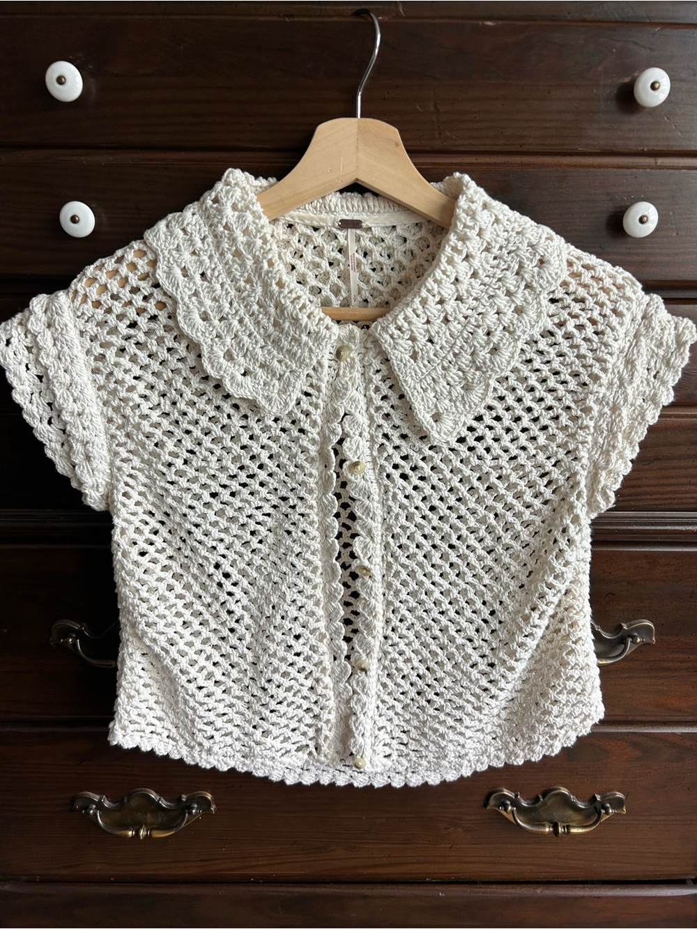 Free People Cream Crochet Short-Sleeve Button Front Sweater